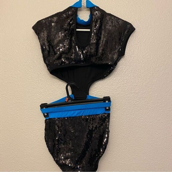 Glamour solo dance costume 2 piece style chevron rainbow black sequin Leotard SA - Picture 3 of 12